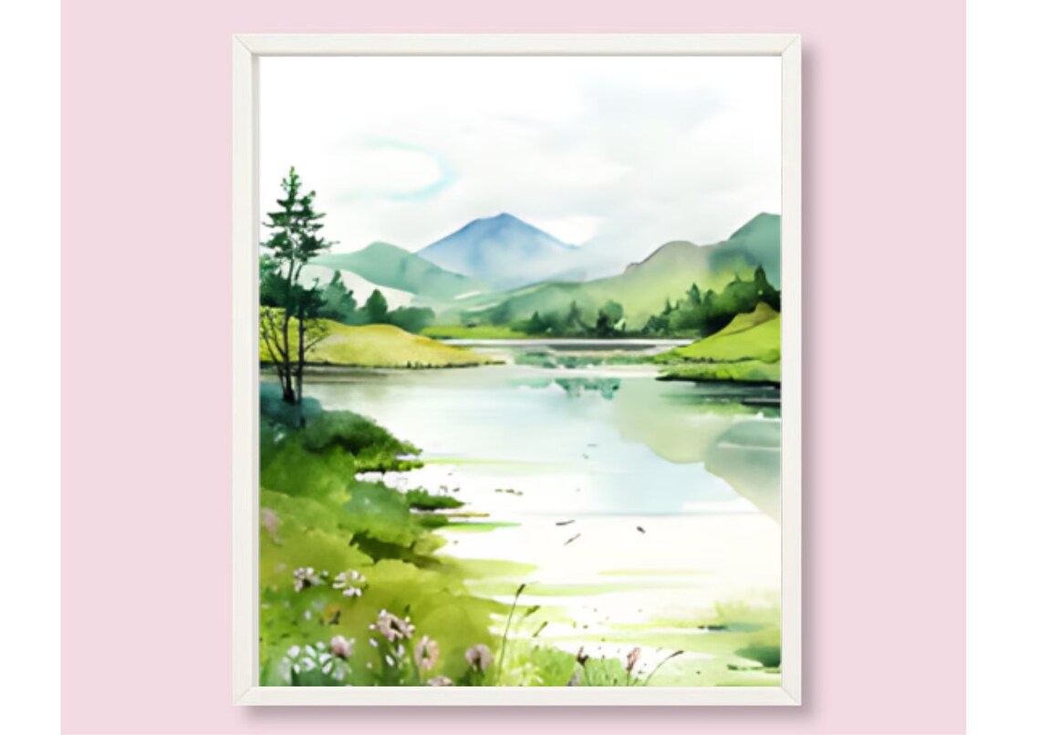 Spring Mountain Lake Wildflower Meadow Fresh Green Watercolor Poster - Image 6