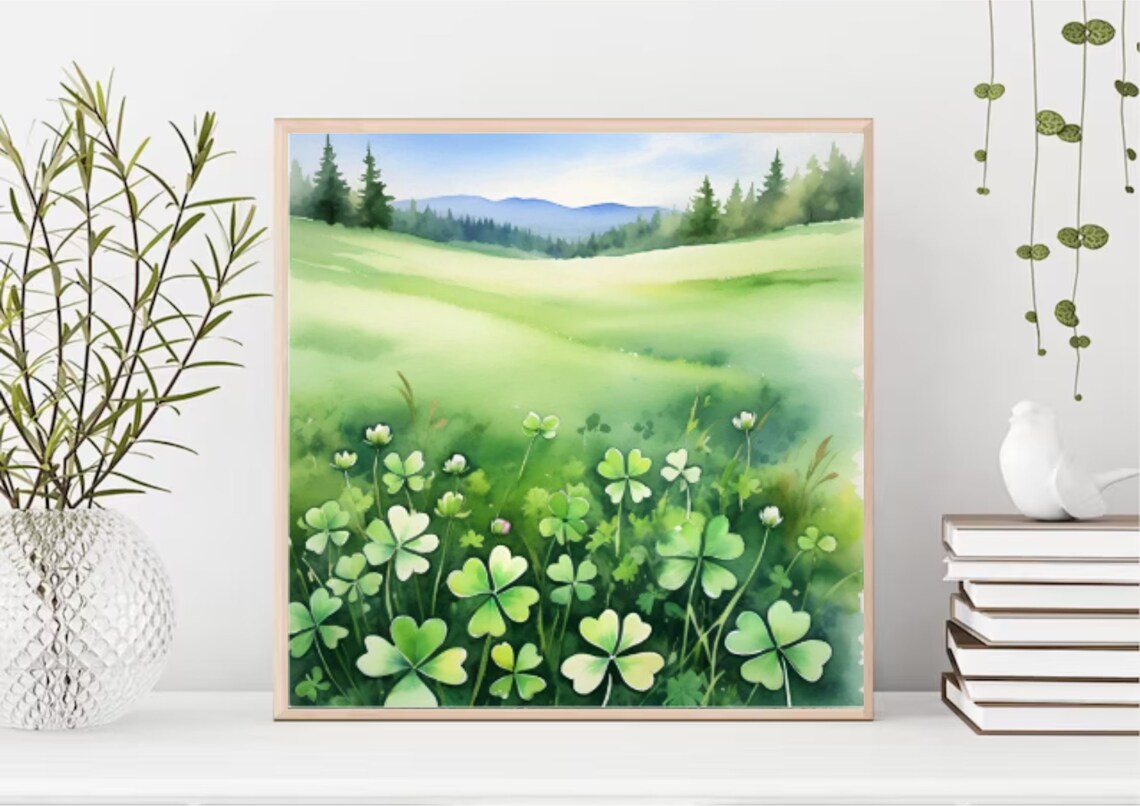 Clover Meadow White Blossoms Rolling Green Hills Watercolor Poster - Image 5