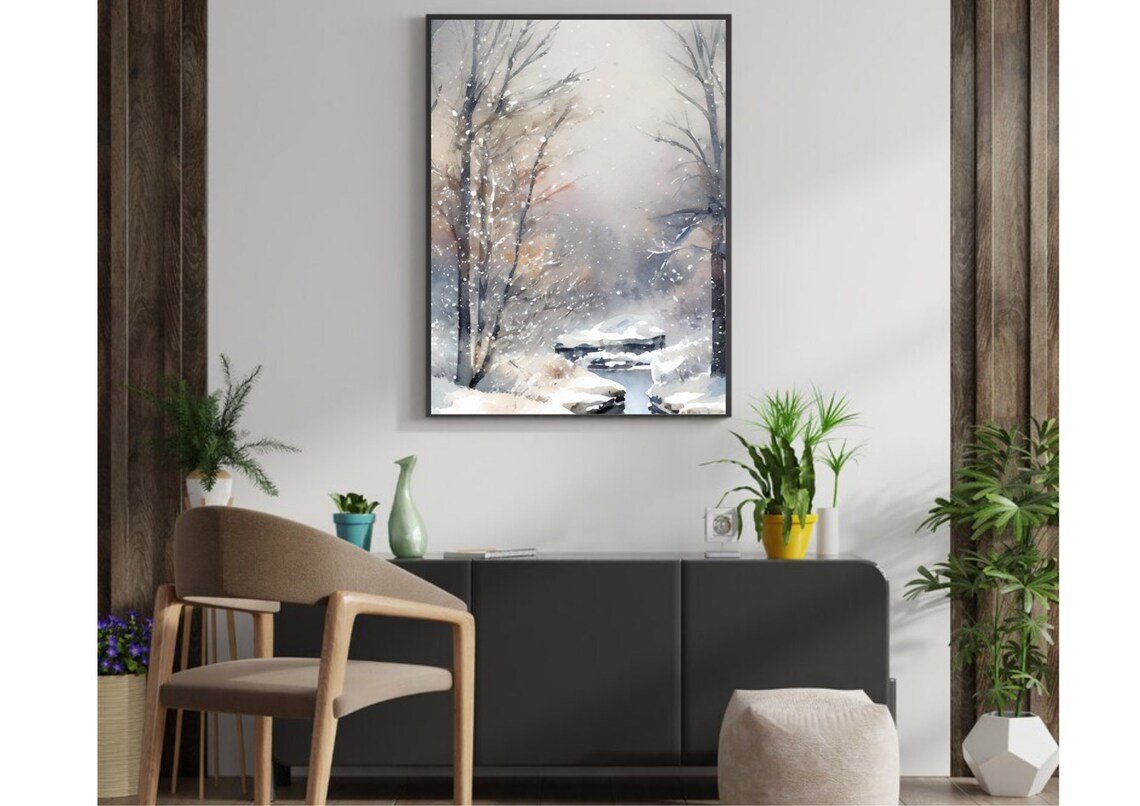 Winter Foggy Forest and River Watercolor Art Print - Image 4