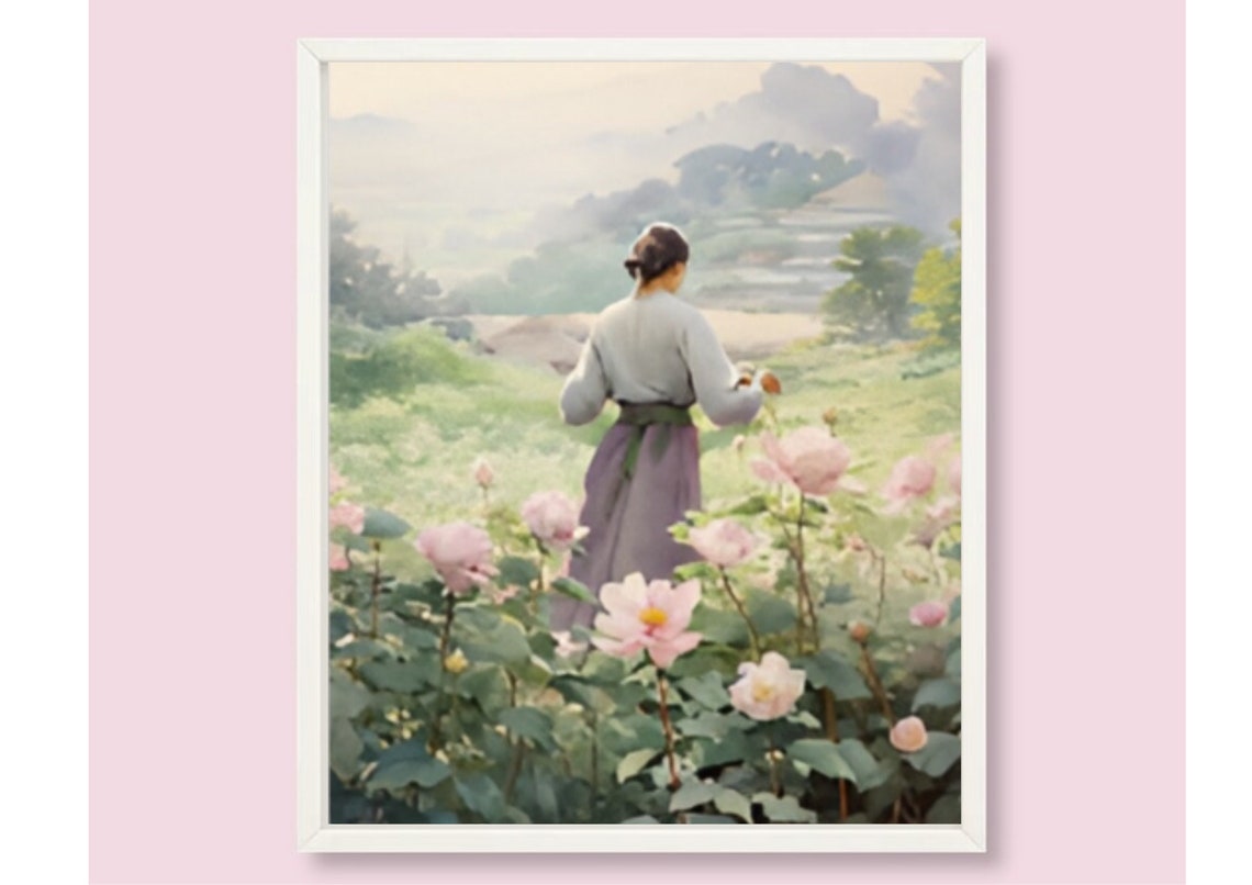 Woman In A Rose Garden Painting Woman Portrait Watercolor Art Print Flowers Garden Wall Art Country Flowers Garden Landscape Art Spring Art - Image 6