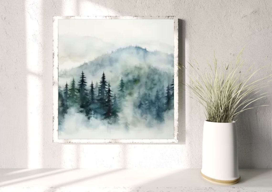 Foggy Mountain Pine Forest Watercolor in Pale White Mist Poster - Image 3