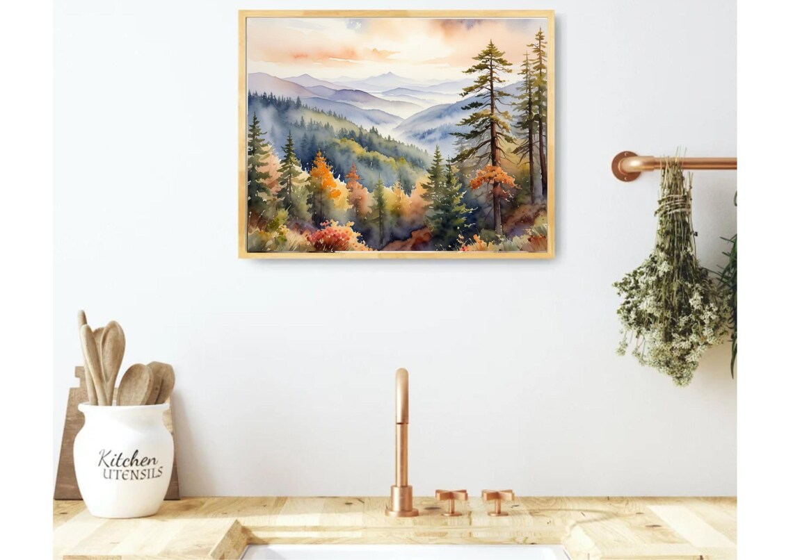 Smoky Mountains Autumn Ridgelines In Morning Fog Watercolor Poster - Image 4