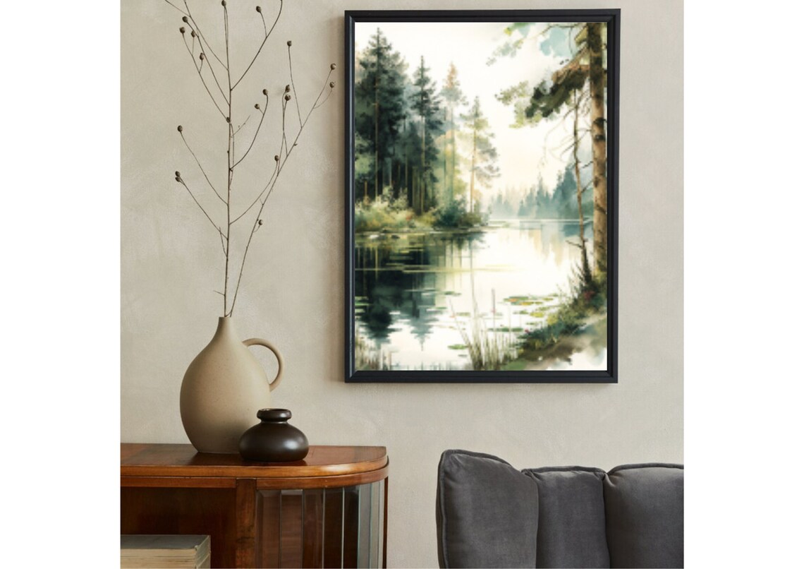 Pine Trees Watercolor Art Print, Forest Lake Landscape - Image 5