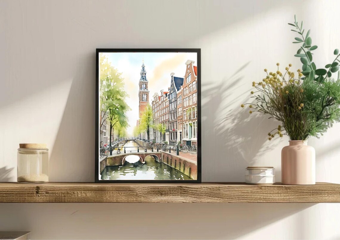 Amsterdam Canal Bridge Church Tower Watercolor Netherlands Art Poster - Image 5