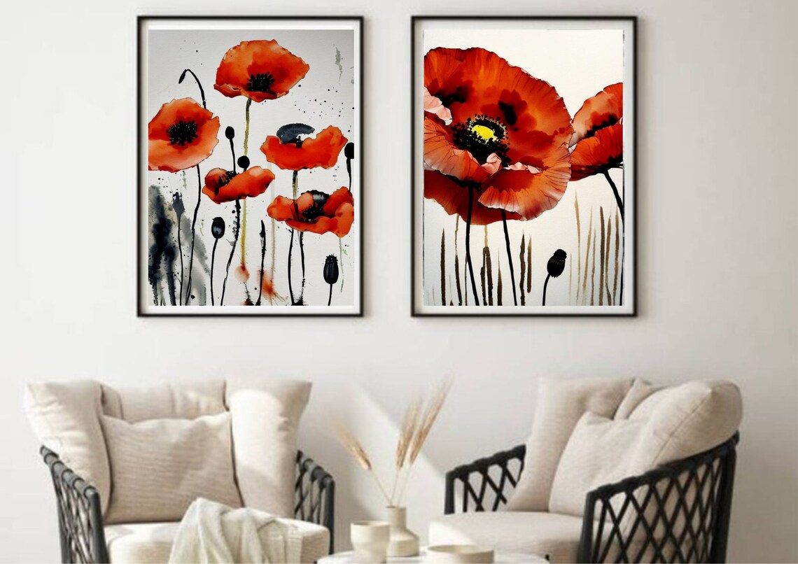 Bold Red Poppy Bloom Ink And Watercolor Floral Fine Art Poster - Image 3