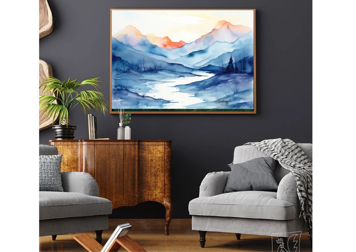 Blue Mountain River Sunset Glow Rosy Peaks Watercolor Landscape Poster - Image 4