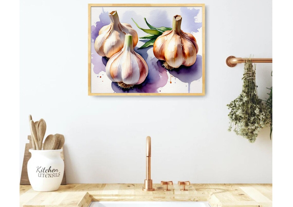 Three Garlic Bulbs With Purple Watercolor Wash Kitchen Poster - Image 4
