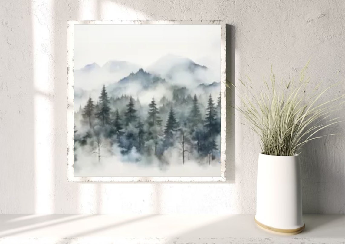 Foggy Evergreen Pine Forest Misty Gray Mountain Watercolor Poster - Image 3