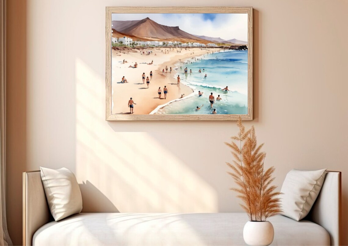Fuerteventura Beach Bathers Volcanic Mountain Watercolor Poster - Image 2