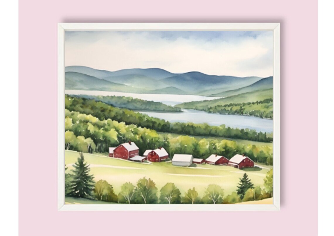 Vermont Green Mountain & Farmhouse Watercolor Art Print - Image 6