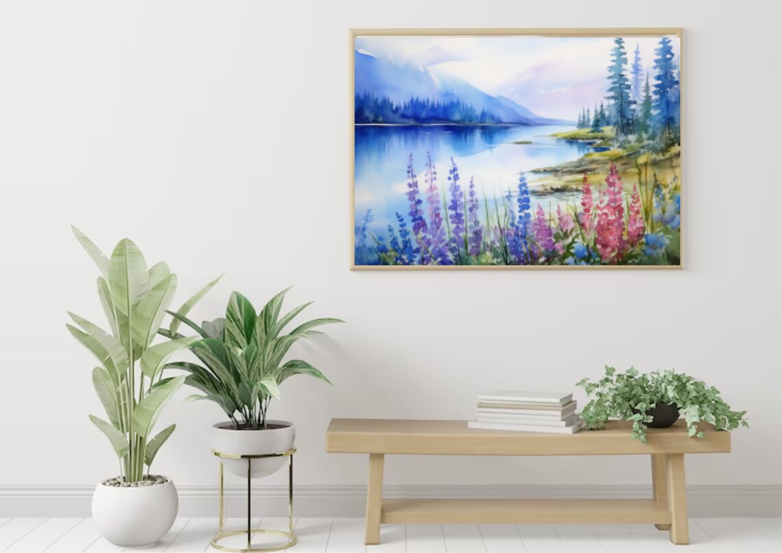 Mountain Lake Watercolor With a Spring Wildflower Meadow Poster - Image 2