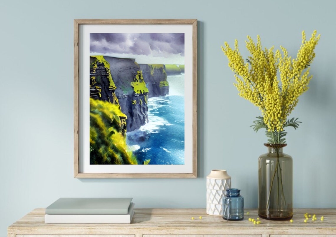 Dramatic Sea Cliffs Blue Ocean Stormy Sky Coastal Watercolor Poster - Image 5