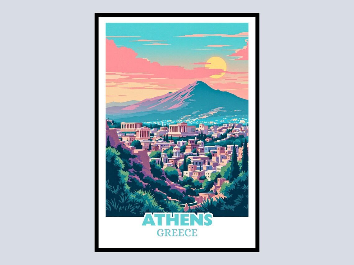 Athens Greece Sunset Travel Poster Ancient Acropolis City View