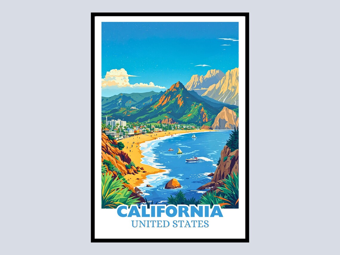 California United States Coastal Beach Travel Poster Mountain View