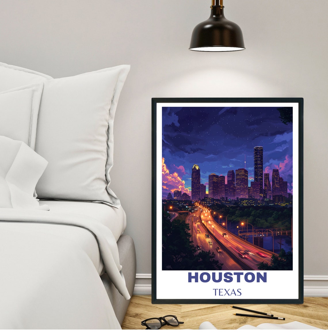 Houston Texas Night Skyline Highway Light Trails City Poster - Image 2