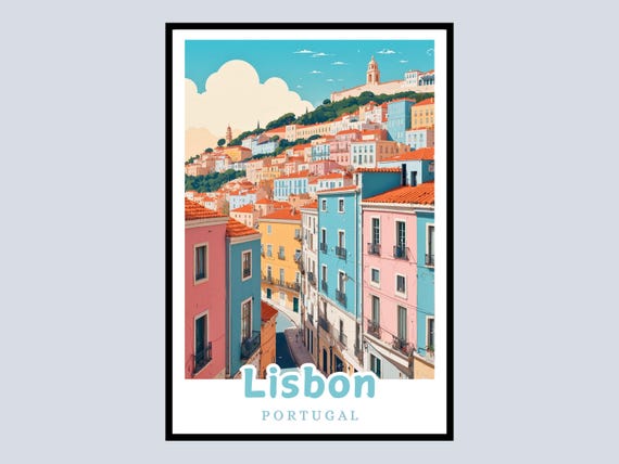 Lisbon Portugal Framed Poster Travel Art Cityscape Print European Wall Decor Gift Colorful Buildings Home Office