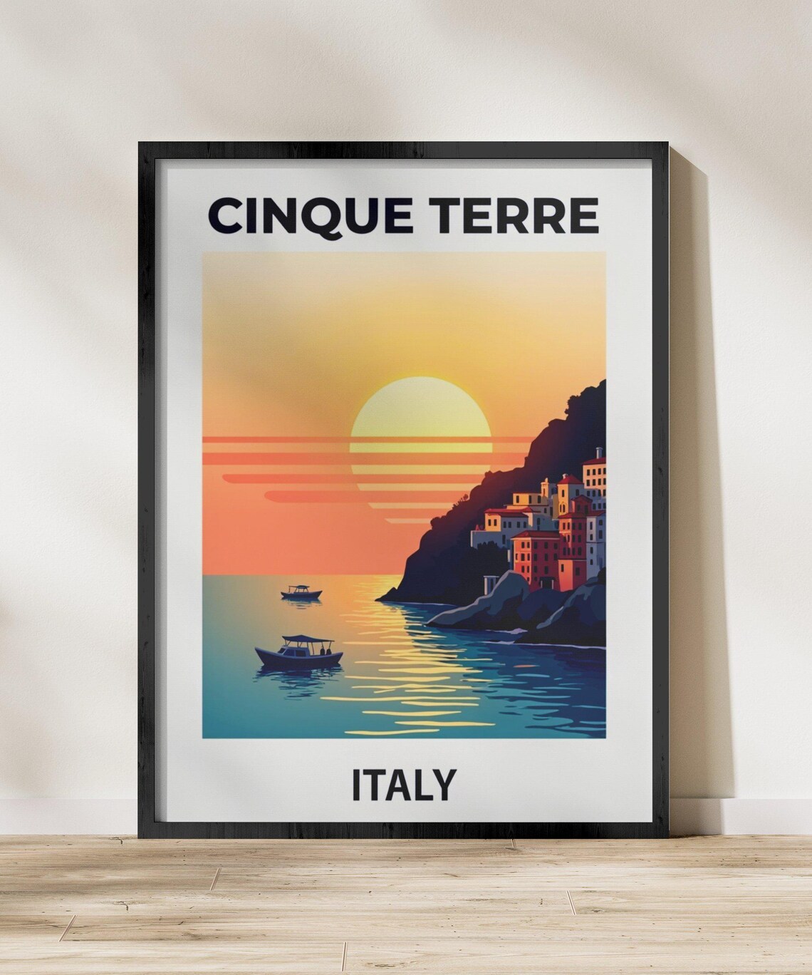 Cinque Terre Italy Sunset Coastal Village Boats Sea Travel Poster - Image 2