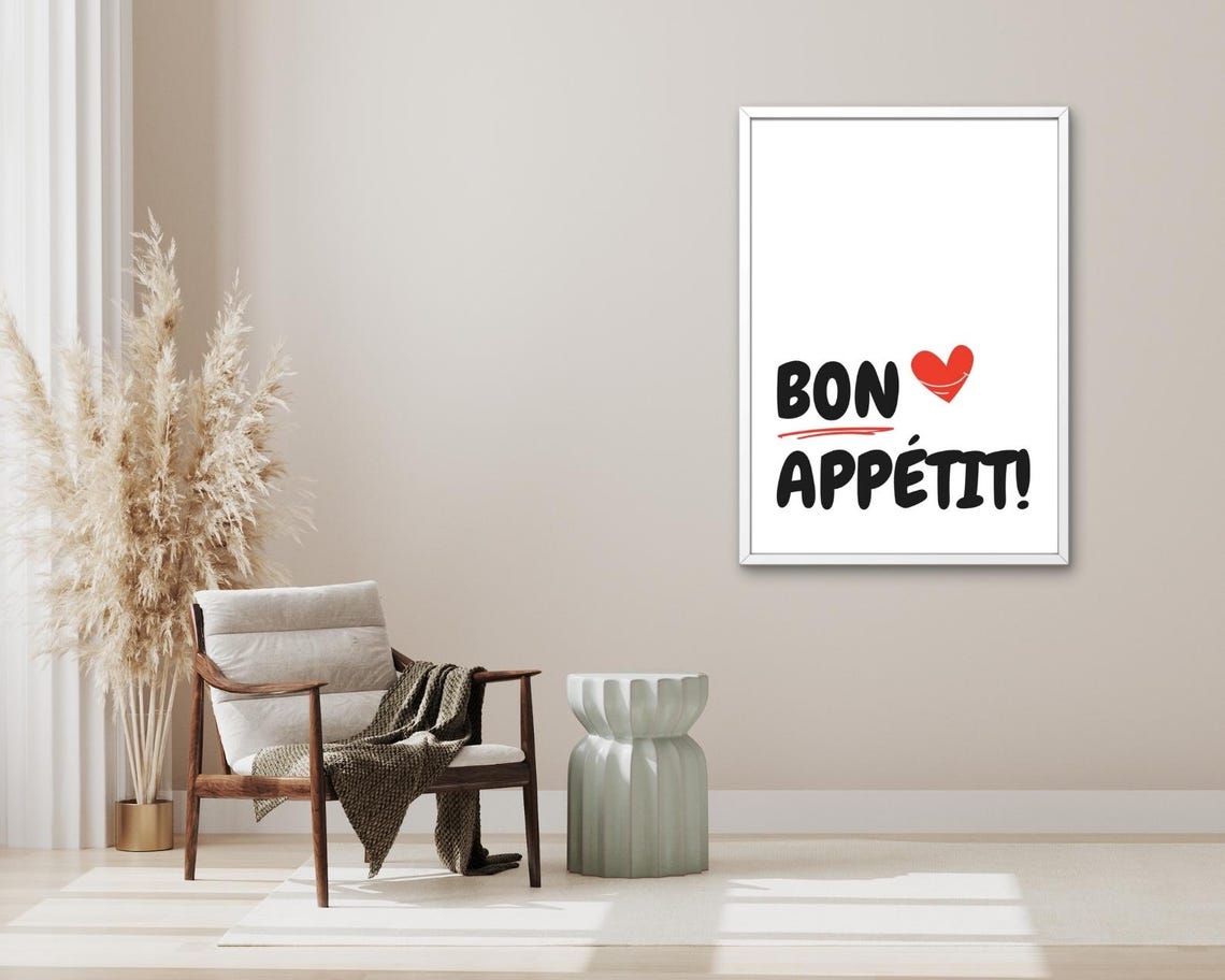 Bon Appetit Quote Brush Lettering Heart Red Accent Kitchen Poster - Image 3