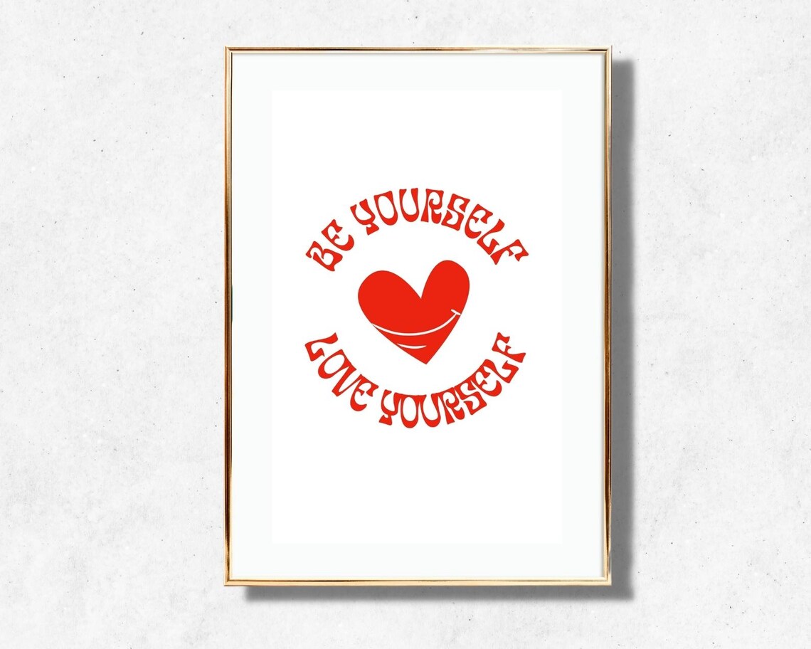 Be Yourself Love Yourself Red Retro Heart Minimalist Affirmation Poster - Image 2