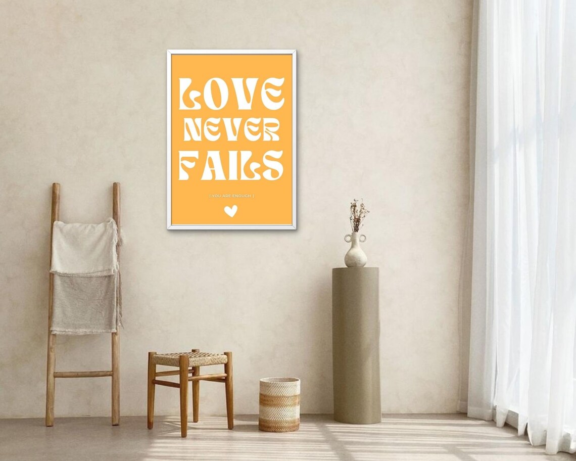 Love Never Fails Golden Yellow White Retro Typography Quote Poster - Image 2
