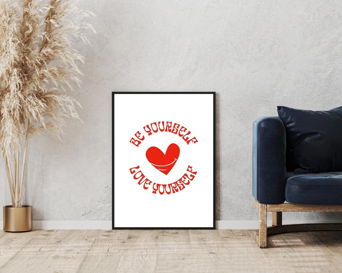 Be Yourself Love Yourself Red Retro Heart Minimalist Affirmation Poster - Image 3