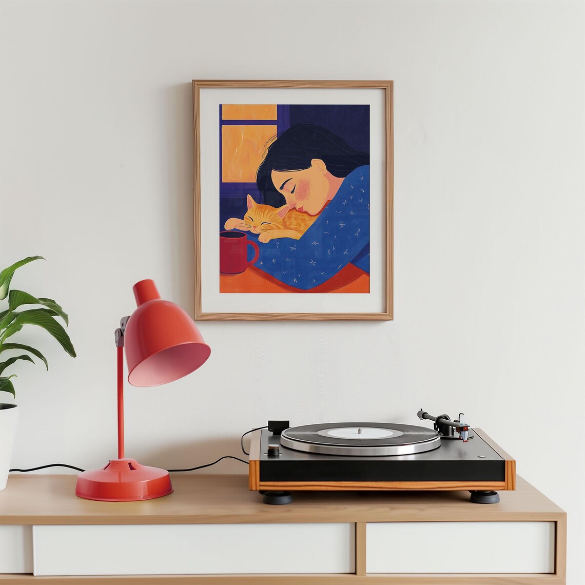 Sleeping Woman with Ginger Cat Cozy Nighttime Illustration Print - Image 3