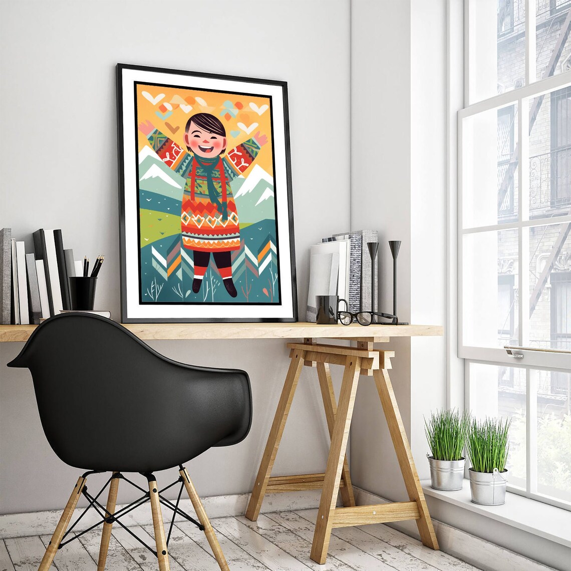Happy Icelandic Child Traditional Sweater Mountain Folk Art Poster - Image 3