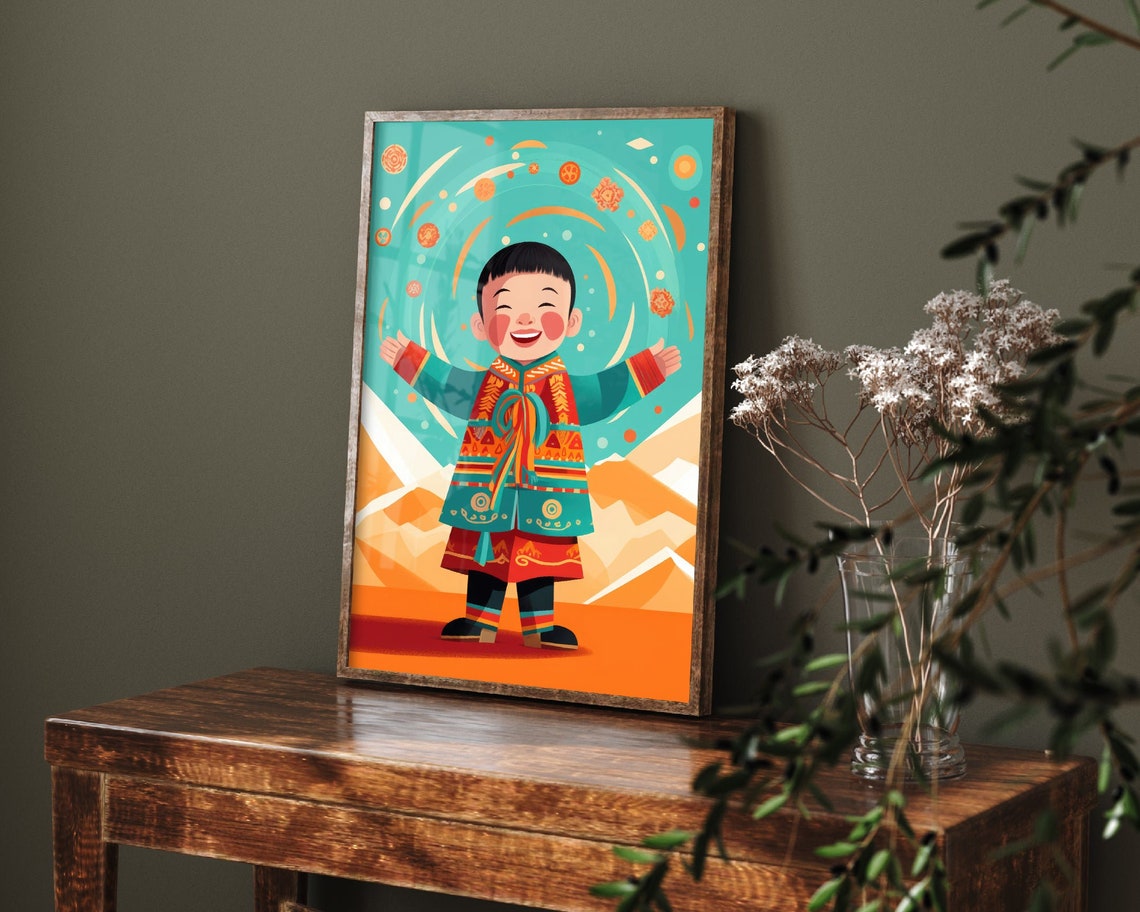 Smiling Mongolian Boy Traditional Costume Mountain Kids Art Print