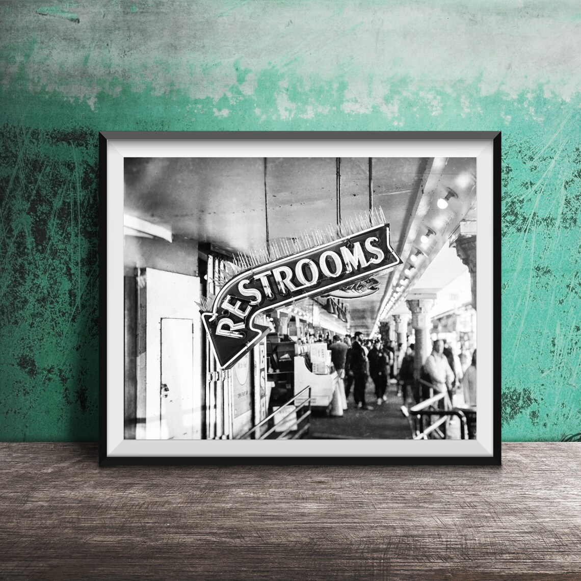 Restrooms Green Neon Arrow Sign Vintage Market Hall Photography Poster - Image 2