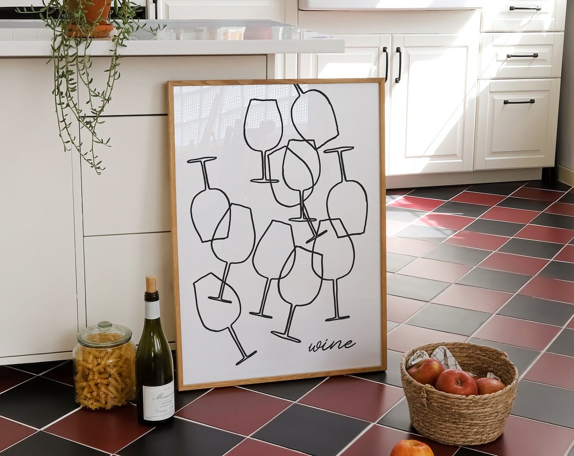 Minimalist Wine Glasses Line Drawing Modern Kitchen Wall Art