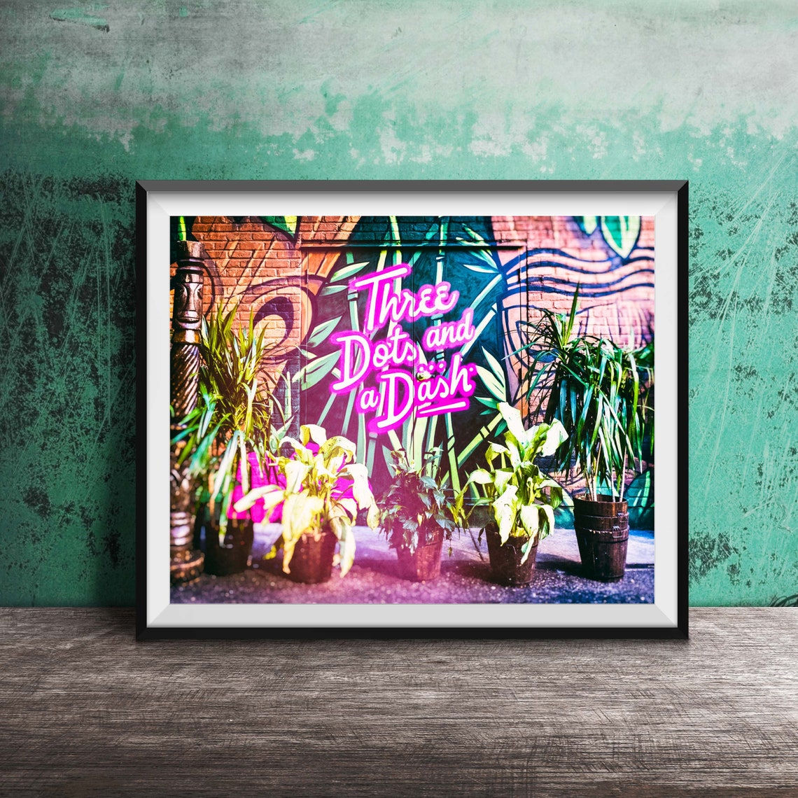 Three Dots and a Dash Tiki Bar Pink Neon Sign Tropical Poster