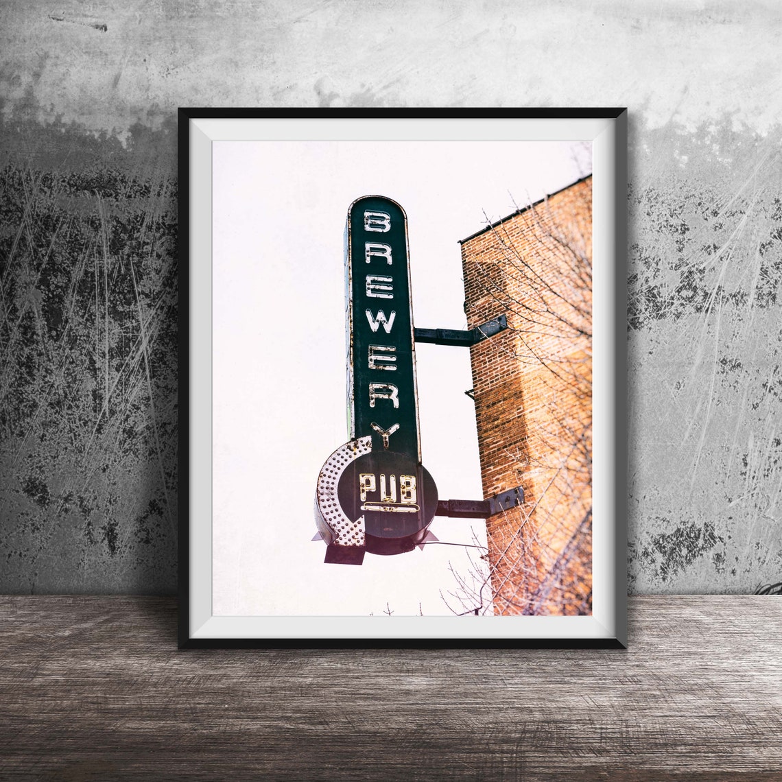 Brewery Pub Vertical Neon Sign on Brick Wall Photography Poster