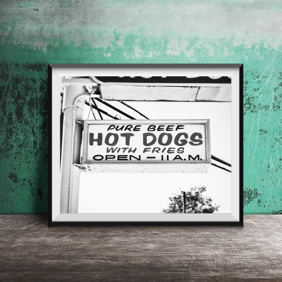 Pure Beef Hot Dogs With Fries Retro Yellow Hanging Sign Poster - Image 2