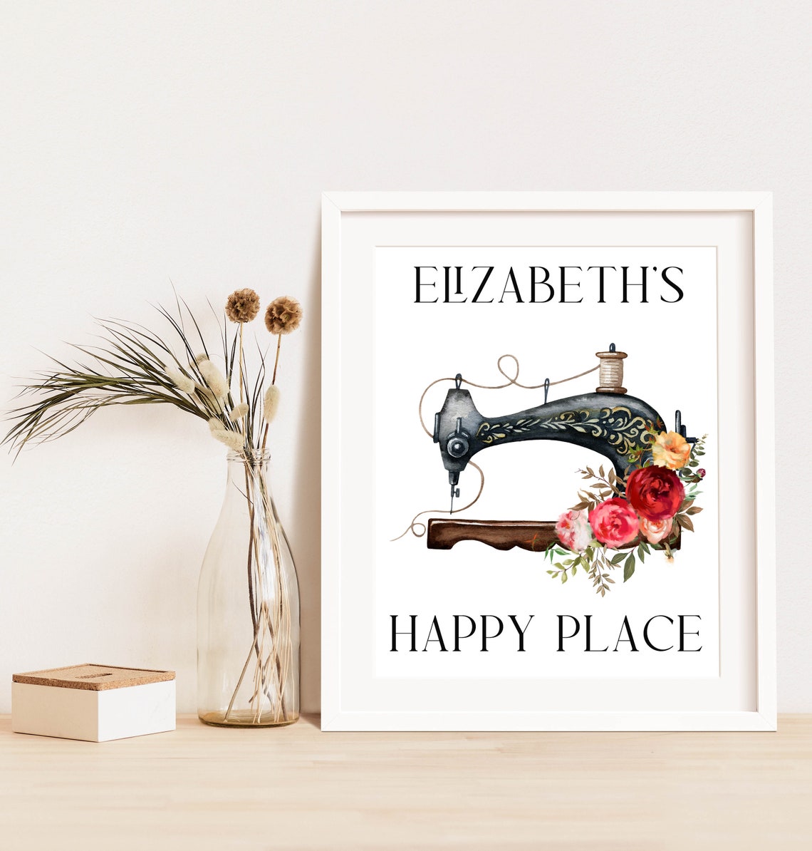 Happy Place Floral Sewing Machine Personalized Craft Art Print