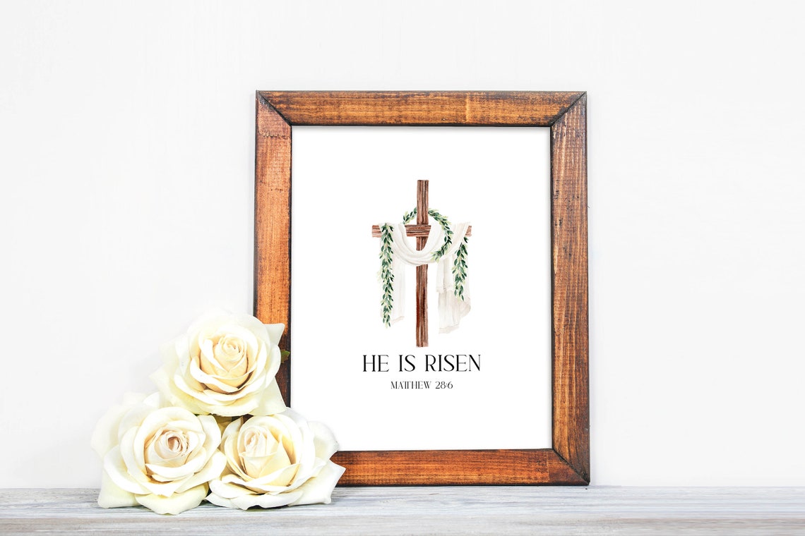 He Is Risen Matthew 28:6 Wooden Cross Easter Watercolor Poster - Image 2