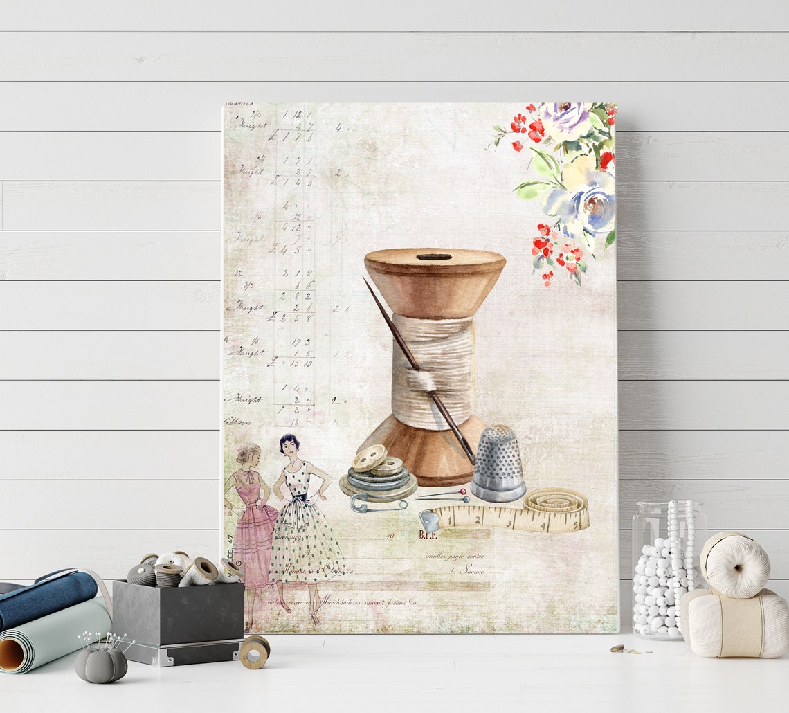 Vintage Sewing Collage Spool Thimble Craft Room Retro Poster