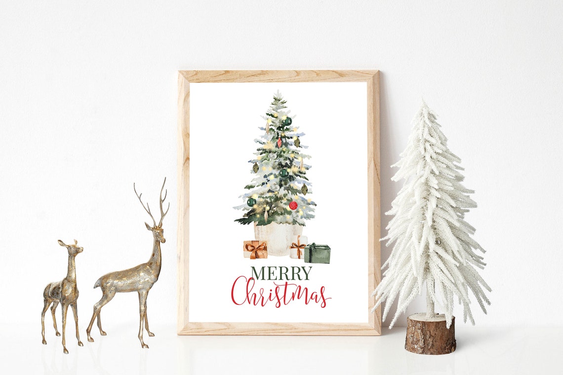 Merry Christmas Decorated Tree Watercolor Holiday Sign Wall Art - Image 3