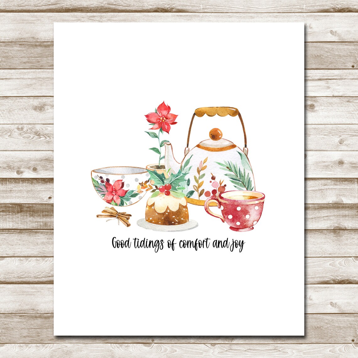 Good Tidings Of Comfort And Joy Christmas Tea Set Watercolor Poster - Image 4