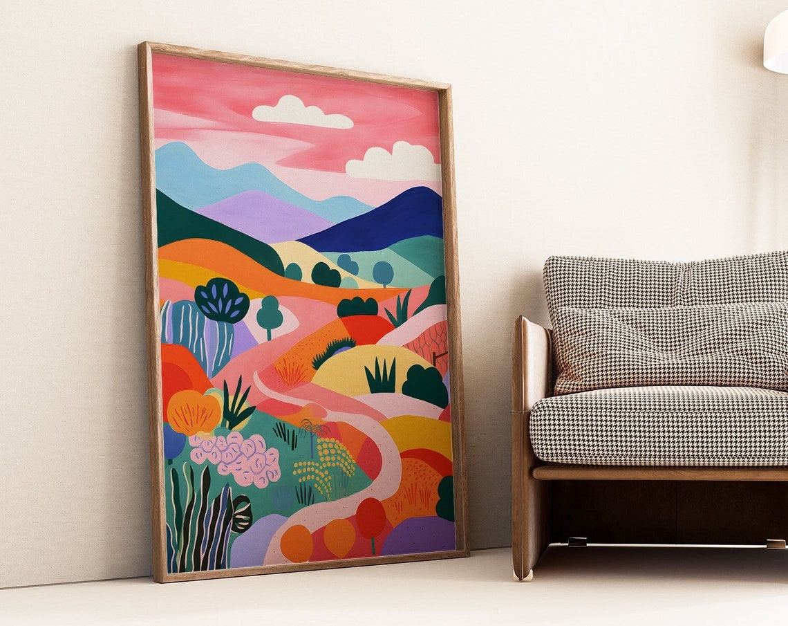 Abstract Pink Sky Mountain Landscape Colorful Maximalist Wall Art