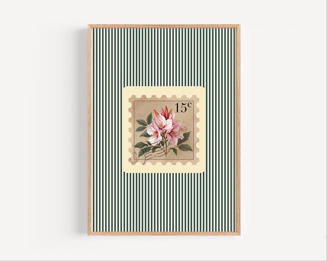 Vintage Pink Lily Stamp Floral Green Stripe Botanical Art Poster