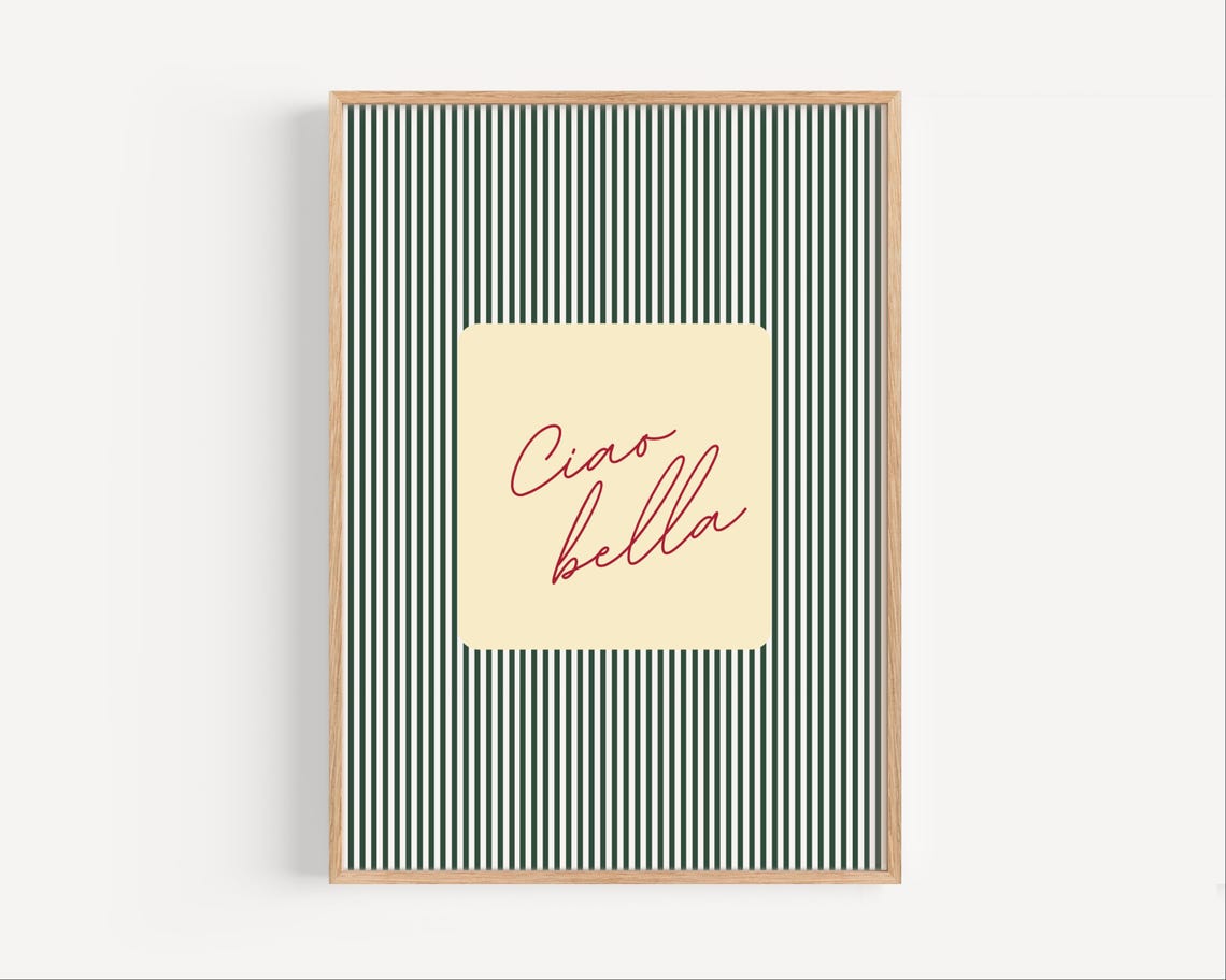 Chic Retro Ciao Bella Green Striped Italian Script Typography Print