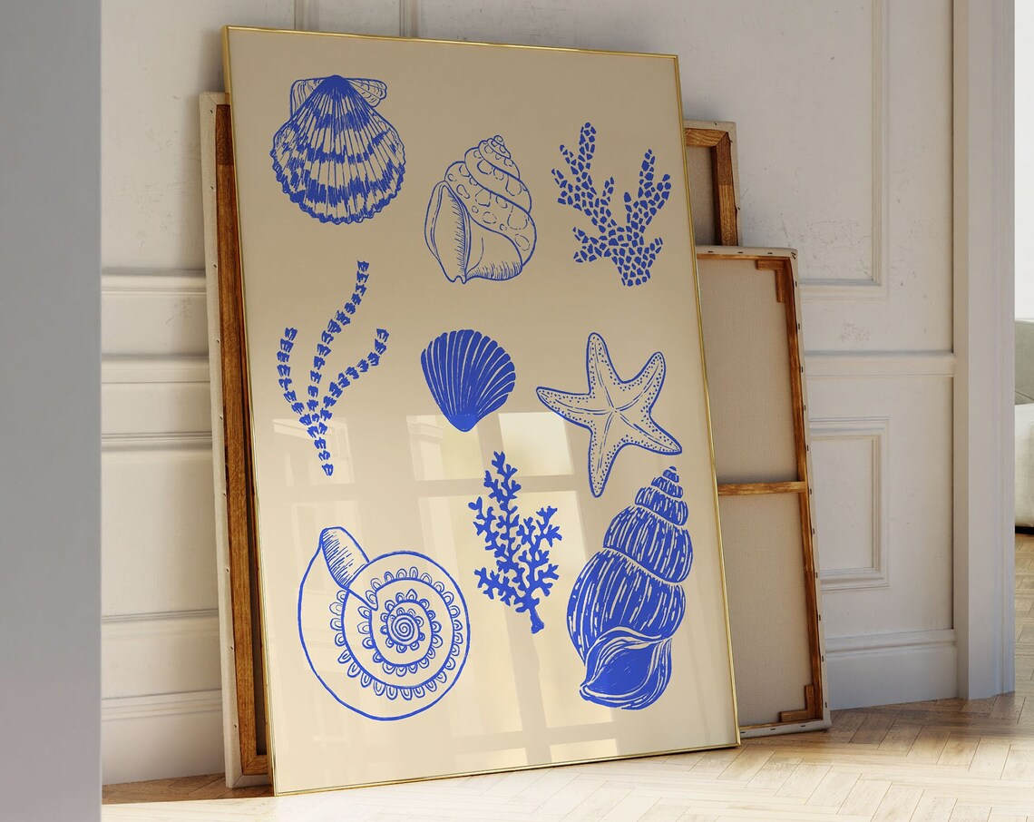 Seashells Blue Vintage Beachy Line Art Art Print