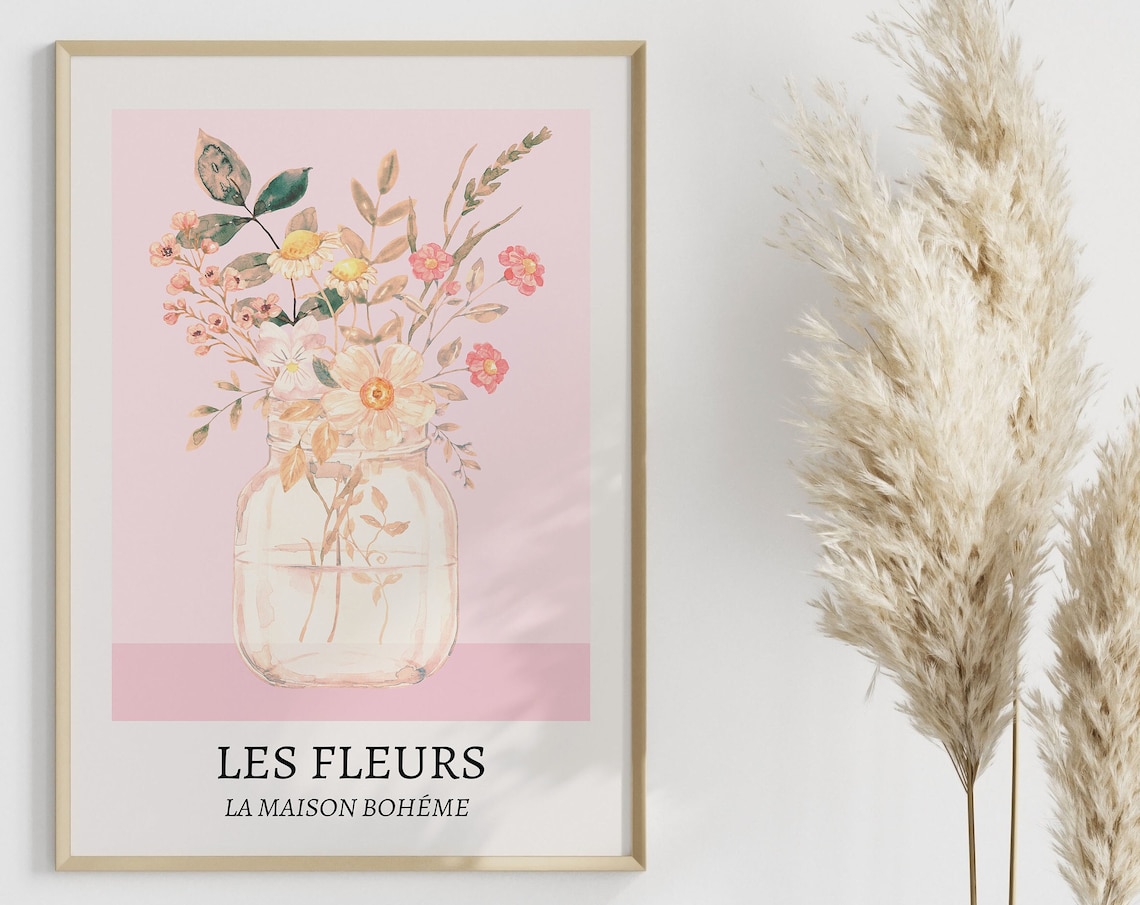 Les Fleurs La Maison Boheme Poster Pink Watercolor Wildflower Jar Art