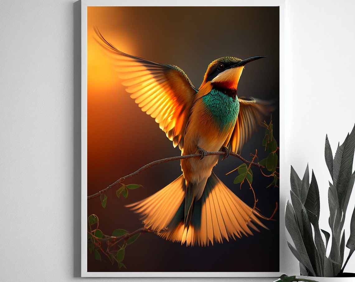 Colorful Bee Eater Bird with Spread Wings at Golden Sunset Poster - Image 2