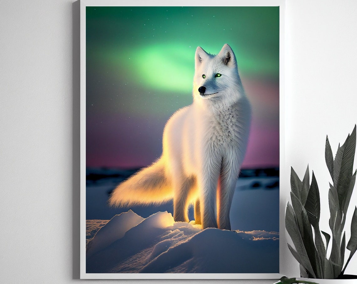 Arctic Fox Under Northern Lights Snowy Night Wildlife Art Poster - Image 2