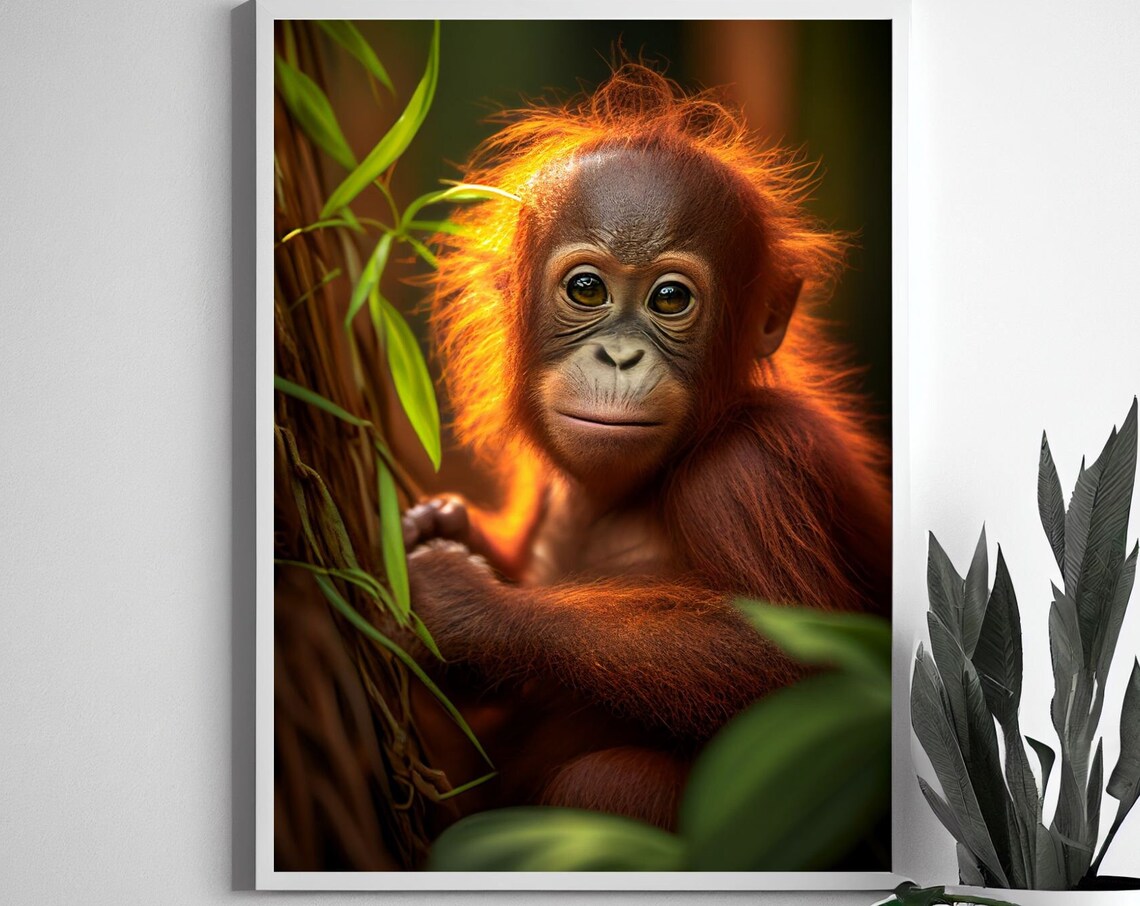 Baby Orangutan Golden Light Jungle Wildlife Photography Poster - Image 2