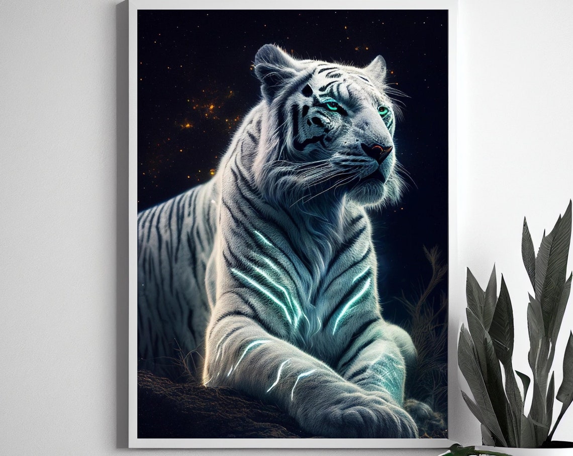 Majestic White Tiger with Glowing Teal Stripes Night Wildlife Poster - Image 3