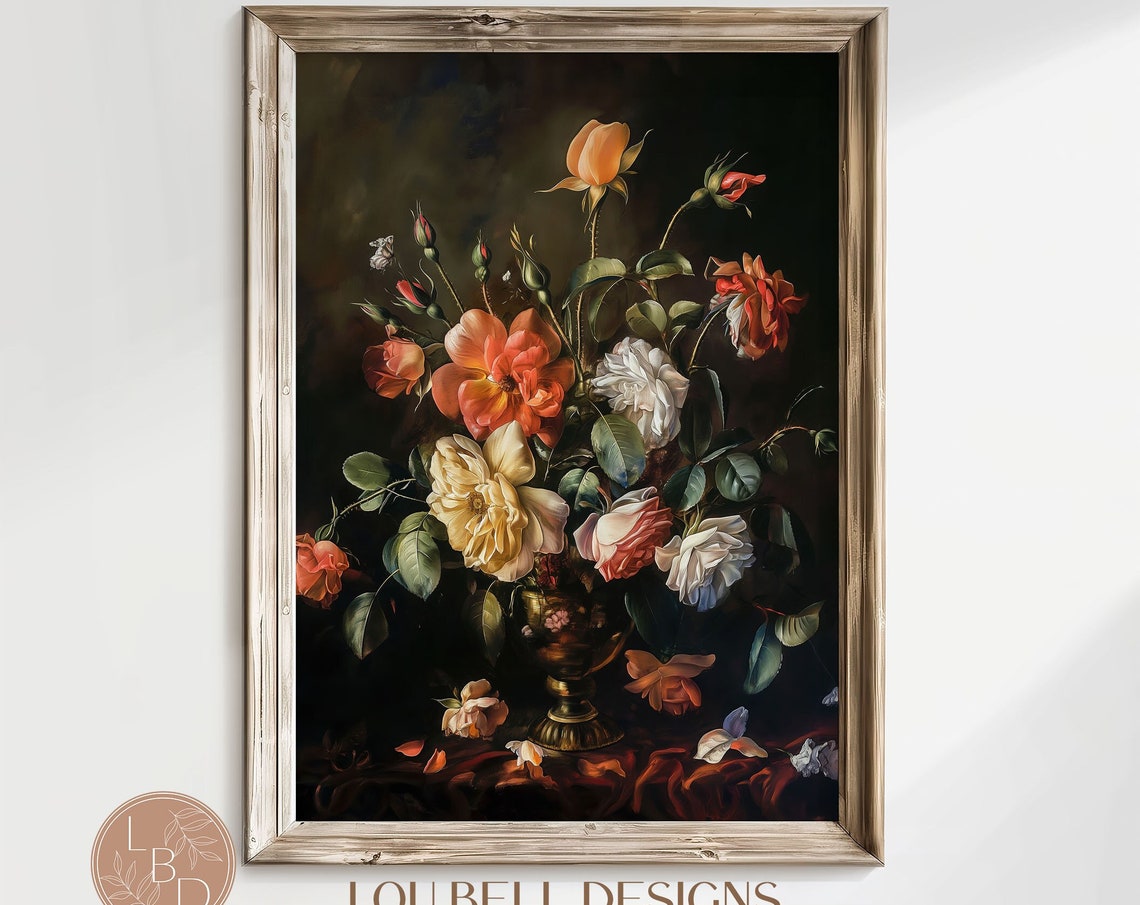 Moody Dark Floral Roses Bouquet Dutch Master Still Life Art Print