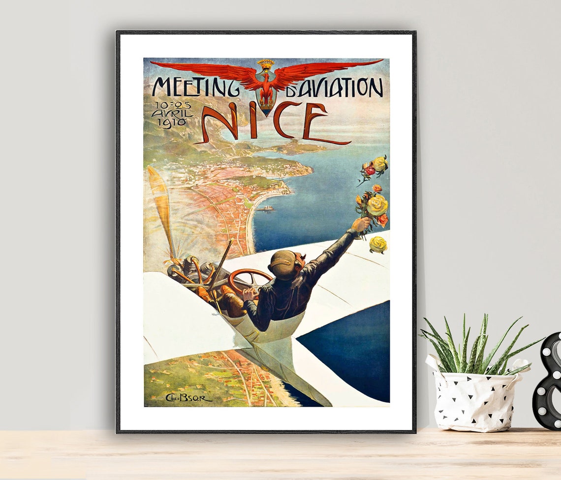 Nice 1910 Meeting d'Aviation Biplane Pilot Vintage Aviation Poster