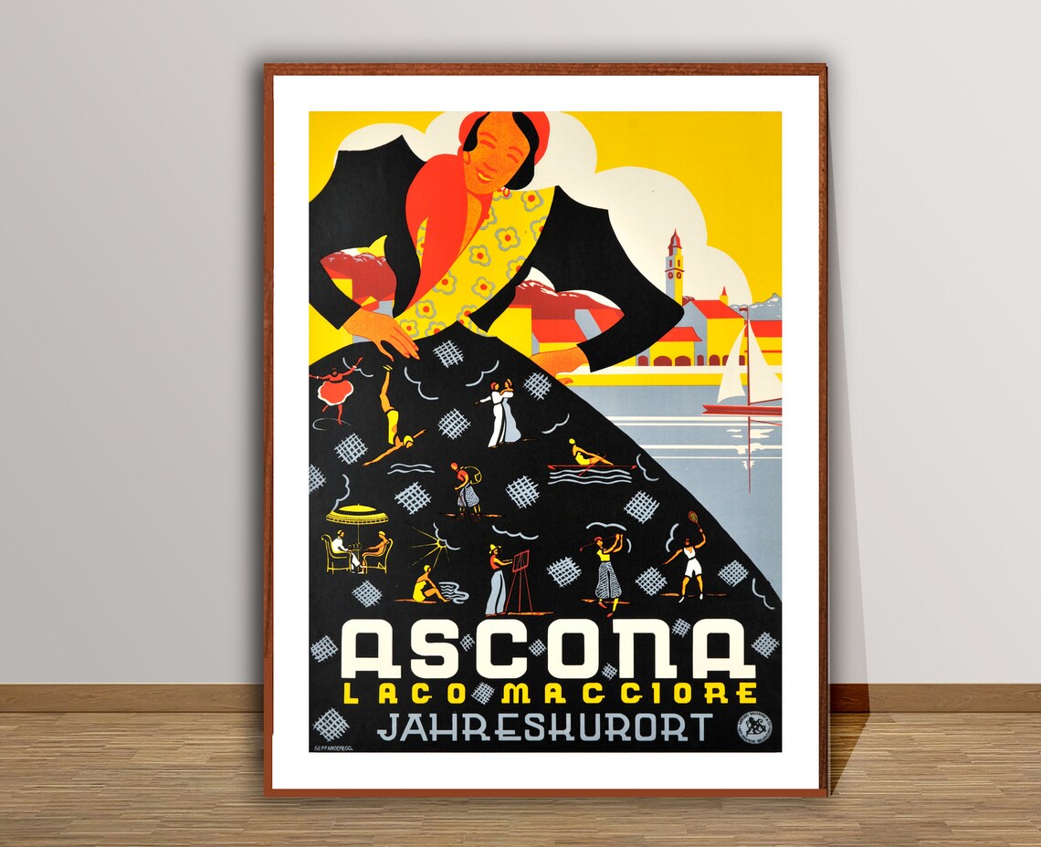 Ascona Lago Maggiore Swiss Art Deco Dancer Skirt Vintage Travel Poster